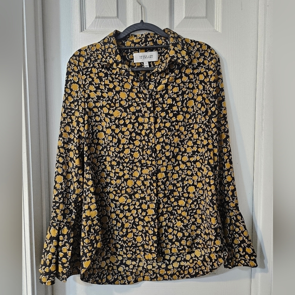 Derek Lam 10 Crosby  Bell Sleeve Black Gold Floral Button Blouse